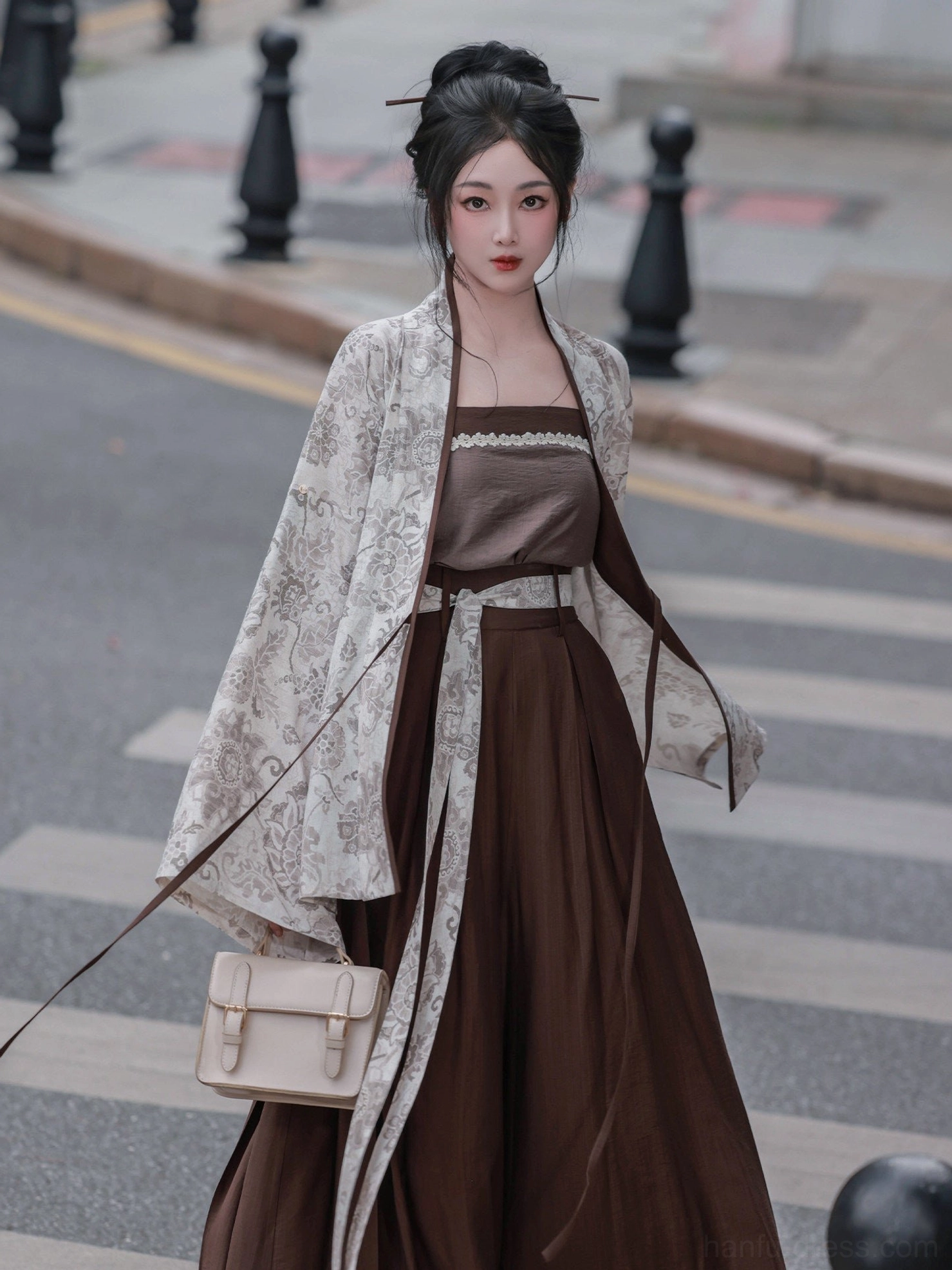 Modern Song Dynasty Hanfu outfit with lace-trim camisole printed cardigan and long coffee brown wide-leg pants front view