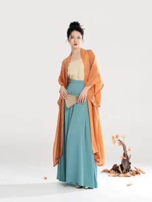 Burnt orange Song Dynasty Hanfu set with long Changgan beizi jacket, cream camisole, teal wide-leg pants, and folding fan