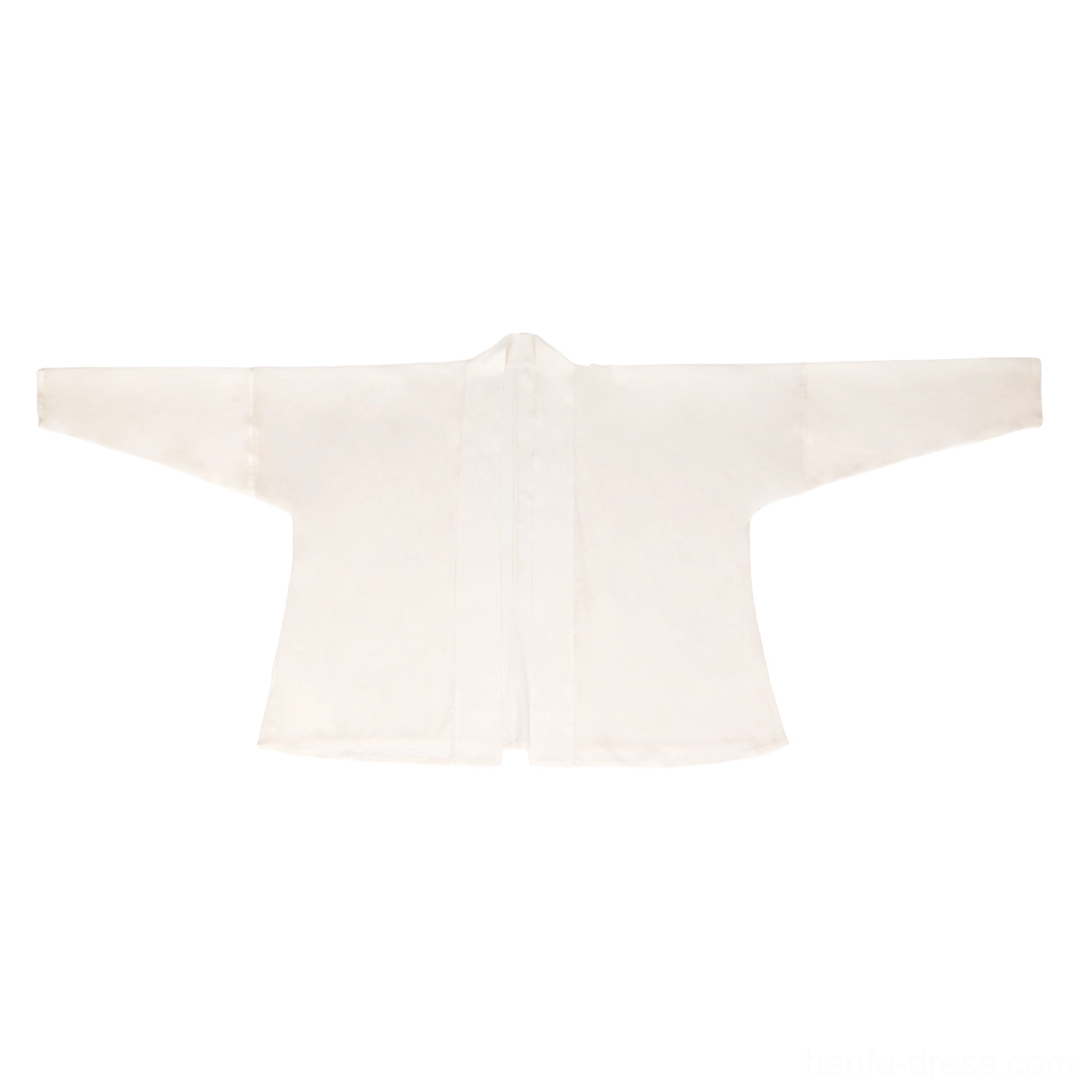 Flat lay view of the cream white Song Dynasty Hanfu wing-sleeve outer top with sheer rayon fabric, cross-front closure, and wide flowing sleeves