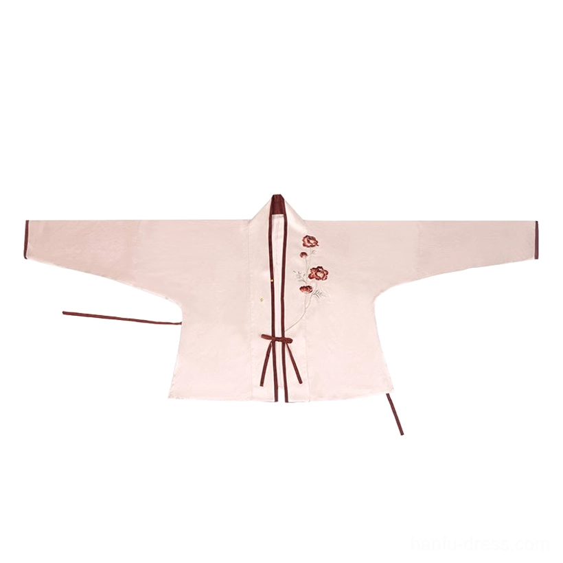 Light pink Song Dynasty Hanfu cross-collar inner blouse displayed flat, with burgundy contrast trim, side fastening ties, and floral chest embroidery