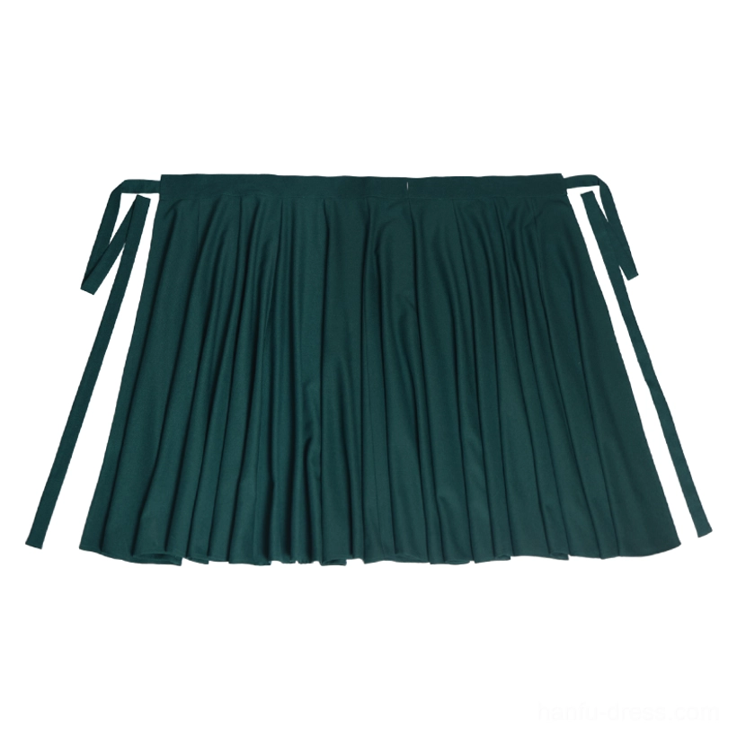 Flat lay of the dark emerald green Song Hanfu wrap skirt with pleated fabric, high waist design, and adjustable side tie straps