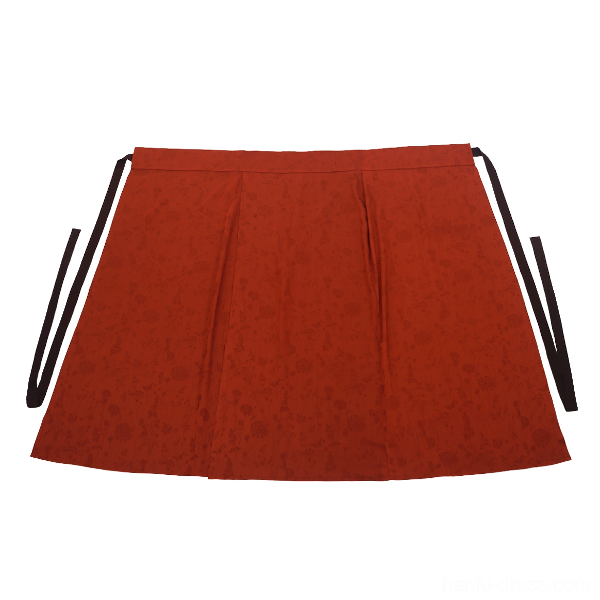Flat lay view of the deep reddish brown Hanfu wrap skirt with subtle jacquard texture, high waist design, and long dark brown waist ties