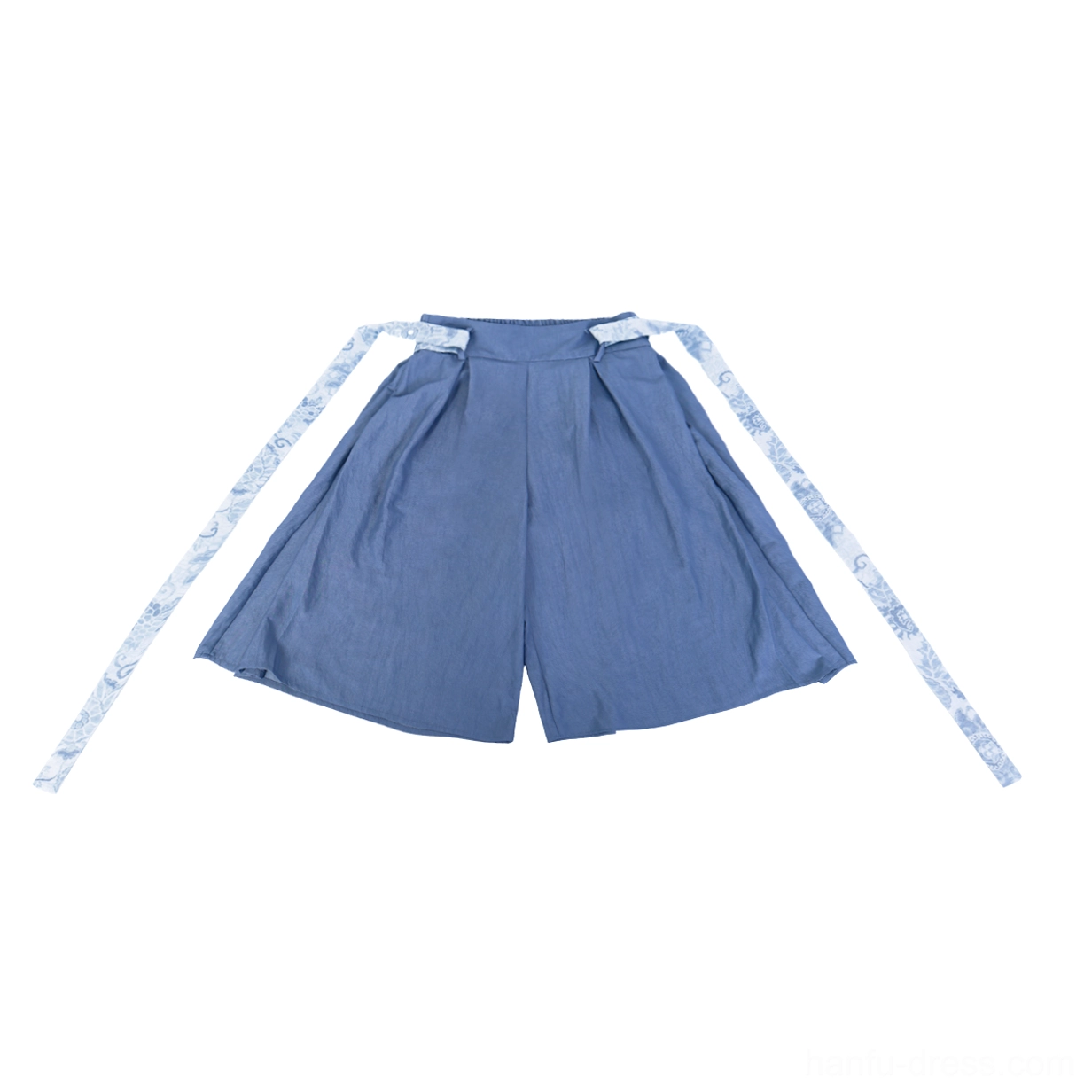 Dusty blue high-waisted Hanfu shorts with wide legs and detachable blue porcelain print waist sashes