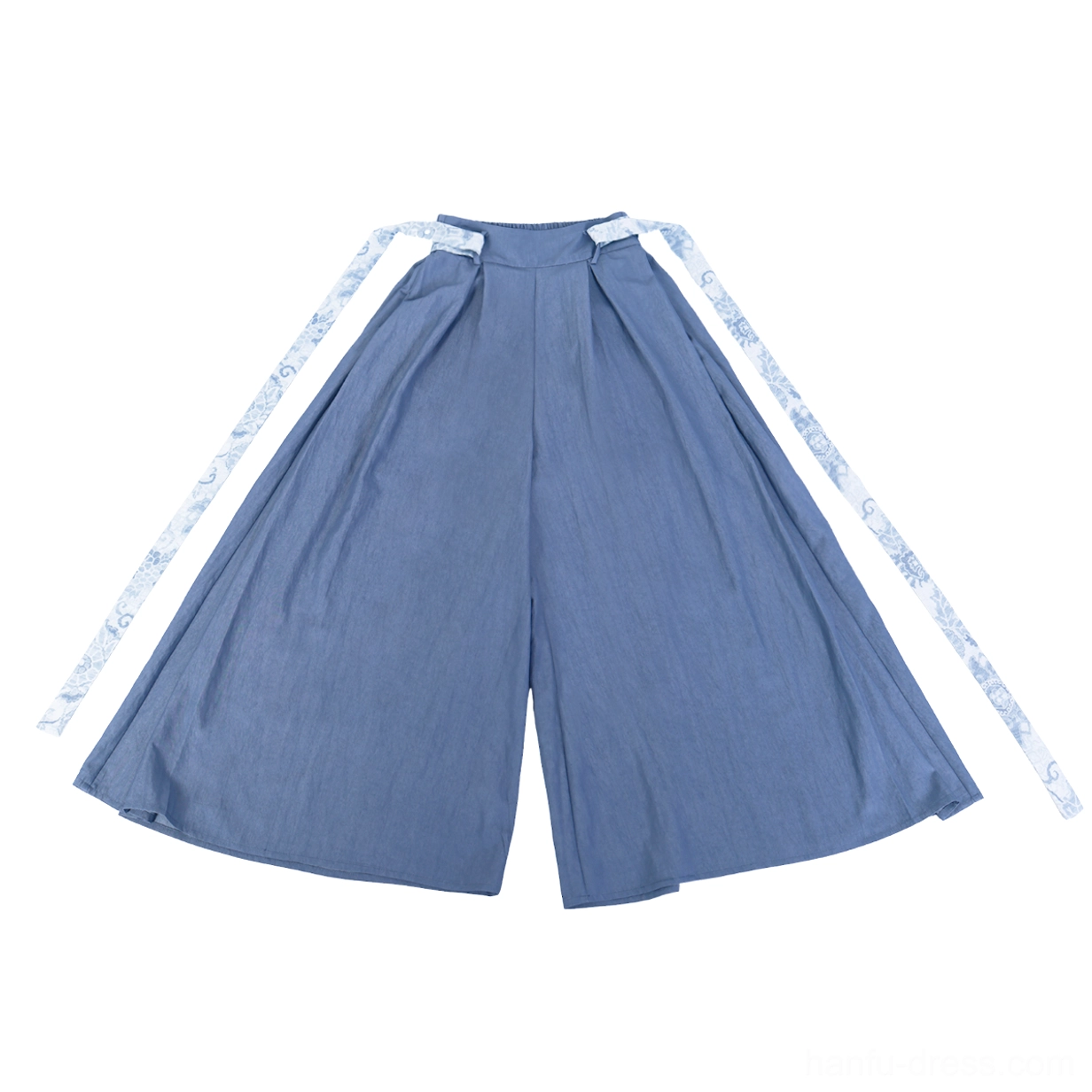 Dusty blue Song Dynasty Hanfu wide-leg pants with high waist, flowing full-length silhouette and patterned waist sashes