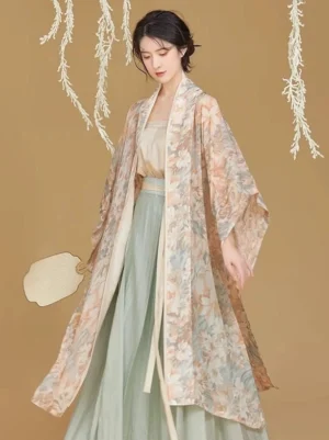 Three-quarter front view of a complete Song Dynasty hanfu outfit with flowing floral beizi, wide sleeves, traditional hairstyle, and Chinese paper fan