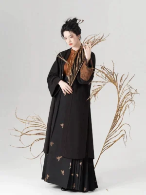 Front three-quarter view of a modern Song Dynasty inspired Hanfu set with black butterfly-print outer coat and pleated mamian skirt