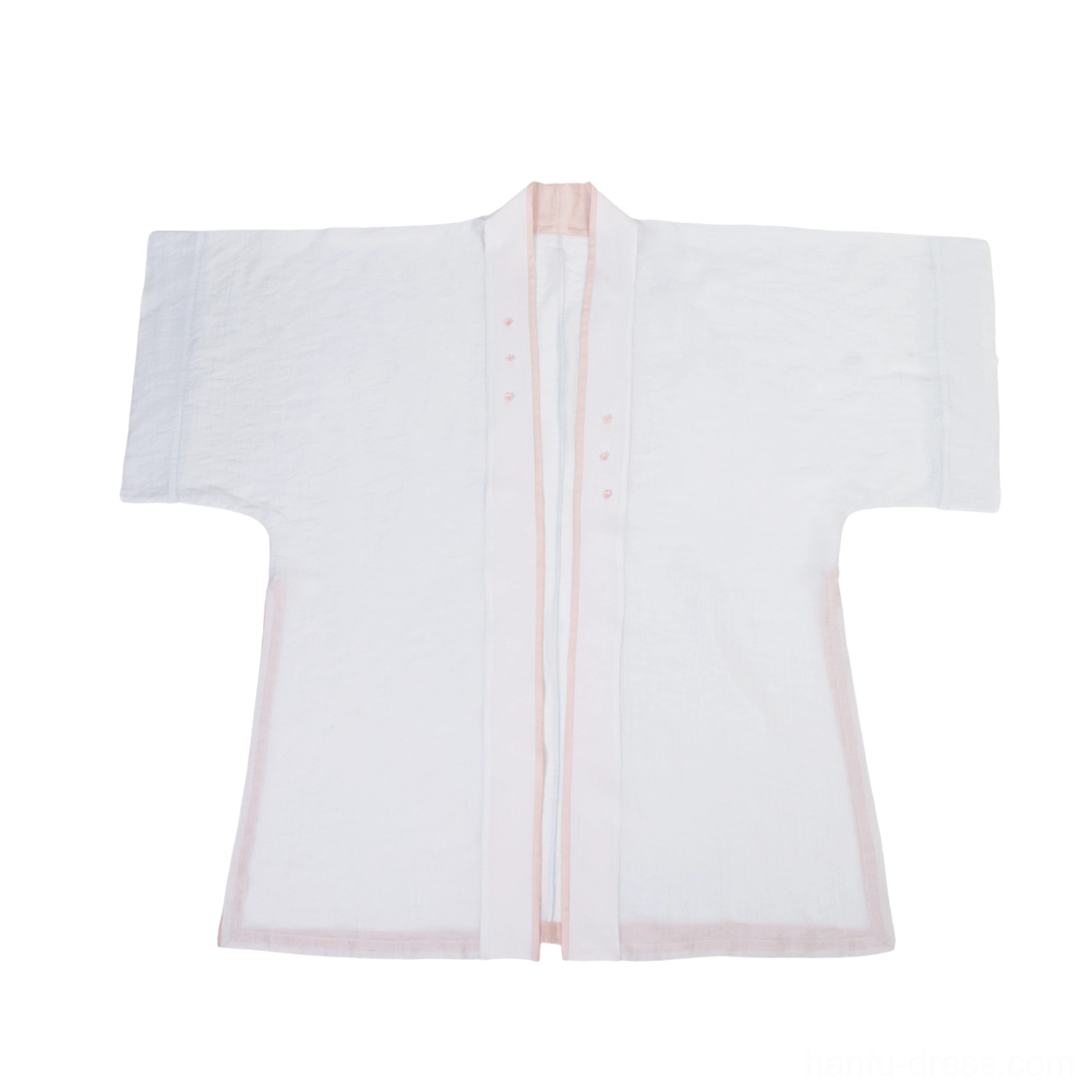 Ivory sheer Song Dynasty hanfu cardigan with pink edge trim and wide traditional style sleeves flat lay