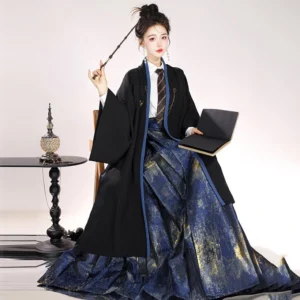 Model wearing a black and dark blue Song Dynasty inspired hanfu outfit with wide sleeve jacket, long sleeve top, and gilded scale mamianqun horse face skirt in a studio setting