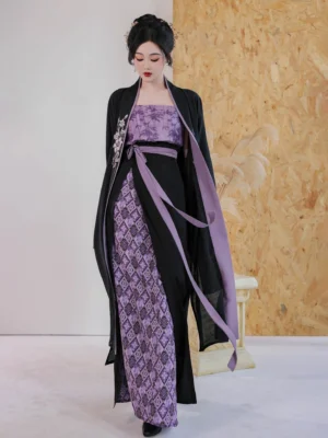 Full-body front view of a modern Song Dynasty Hanfu set with black lily embroidered long cardigan, purple bamboo print camisole, and diamond patterned wrap skirt
