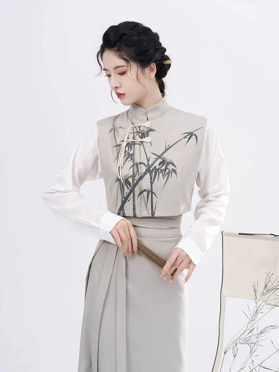 Half-body view of a woman wearing a Song Dynasty Hanfu vest with traditional Chinese frog buttons and refined bamboo-inspired styling