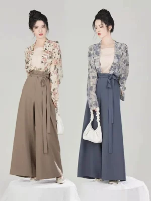 Two modern Song Dynasty hanfu outfits showing floral and geometric chiffon tops with beige camisoles and wide-leg trousers