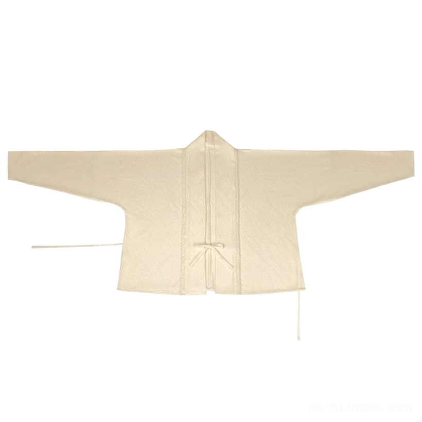 Flat lay of off-white Song Dynasty Hanfu inspired cross-collar winged sleeve top with front tie closure