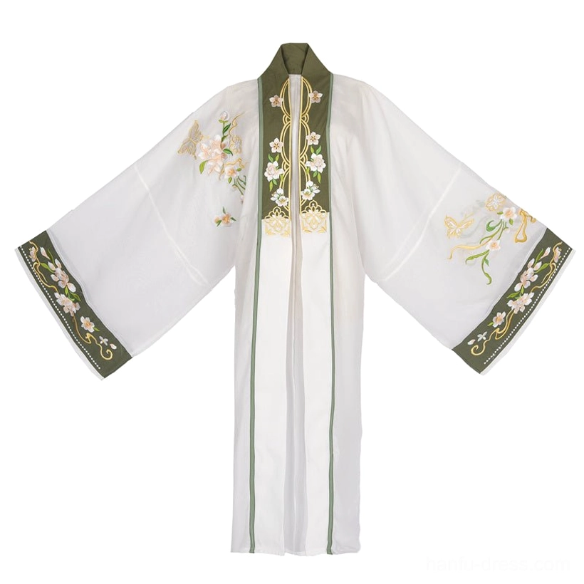 Flat lay product view of the ivory outer beizi coat from a Song Dynasty hanfu set with dark green trim, floral foliage embroidery, wide sleeves, collar, cuffs, and front placket