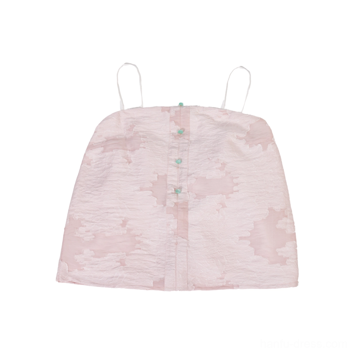 Pink jacquard hanfu camisole with thin straps and green decorative frog buttons flat lay product view