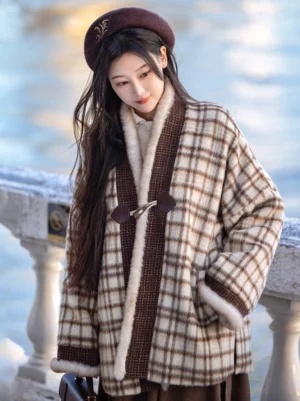 Close-up of modern Song Dynasty hanfu plaid winter coat with faux fur collar cuffs and leather toggle fasteners