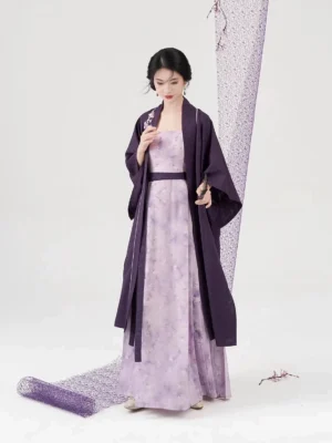 Modern Song Dynasty Hanfu outfit showing a textured purple Beizi jacket layered over a softly printed floral slip dress