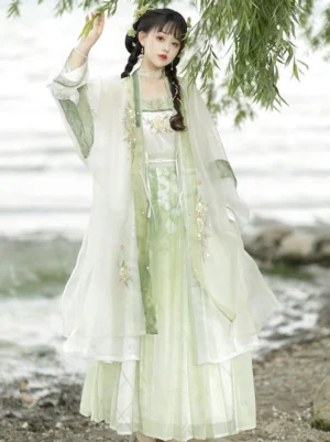 Song Dynasty Hanfu Qiyao Ruqun in green and white with sheer embroidered beizi coat and flowing gradient skirt worn beside willow trees