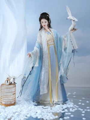 Three-quarter front view of a Song Dynasty Hanfu qiyao ruqun set with a sky-blue sheer outer robe, cream camisole, golden waist detail, and flowing blue gradient pleated skirt