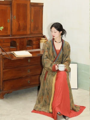 Woman seated at an antique wooden desk wearing a Song Dynasty Hanfu robe with loose long sleeves, red waist sash, olive green fabric, and rust red accents