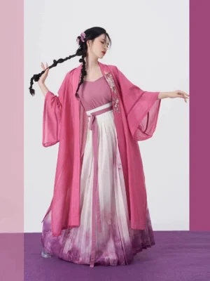 Dark rose pink Song Dynasty hanfu full set with floral embroidered beizi, gradient pleated wrap skirt, and braided hairstyle with flower hairpins