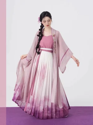 Light lavender pink Song Dynasty hanfu full set with flowing beizi jacket and matching gradient pleated wrap skirt front view