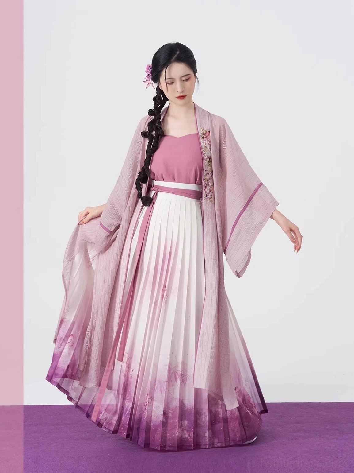 Light lavender pink Song Dynasty hanfu full set with flowing beizi jacket and matching gradient pleated wrap skirt front view