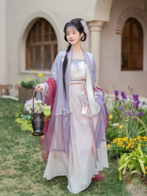 Three-quarter view of a Song Dynasty style Hanfu outfit with a translucent purple outer coat, gradient pink skirt, floral embroidery, and garden-inspired styling