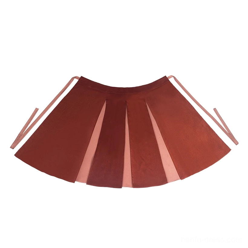 Two-tone Song Dynasty Hanfu wrap skirt displayed flat, featuring burgundy and light pink pleated panels, adjustable waist drawstrings, and a flowing A-line silhouette