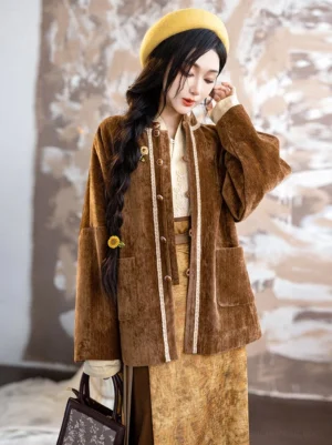 Front half-body view of a modern Song Dynasty hanfu velvet jacket in brown with lace-trimmed button placket, fabric-covered buttons, floral accents, and wide sleeves