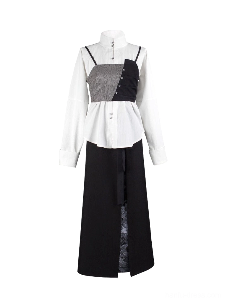Front flat lay of Song Dynasty inspired Hanfu clothing with white false two piece stand collar shirt and black wrap skirt with grey rose print inner panel