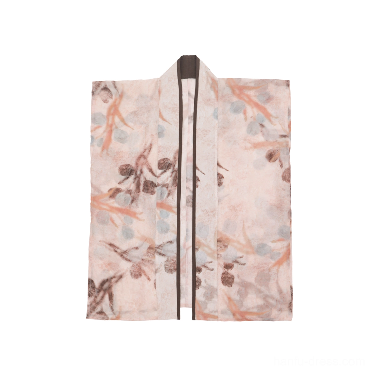 Flat lay of cropped sleeveless modern Song Dynasty Hanfu vest in beige dried floral print with dark brown trim