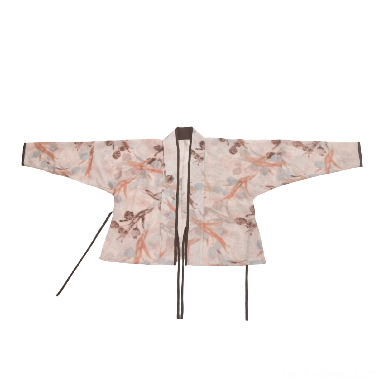 Flat lay of beige withered flowers Song Dynasty Hanfu winged sleeve top with dark trim and front tie closures