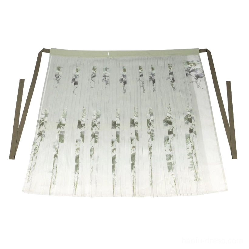 Flat lay of Song Dynasty Hanfu wrap skirt with white base, vertical ink floral print, moss green waistband, and pleated structure