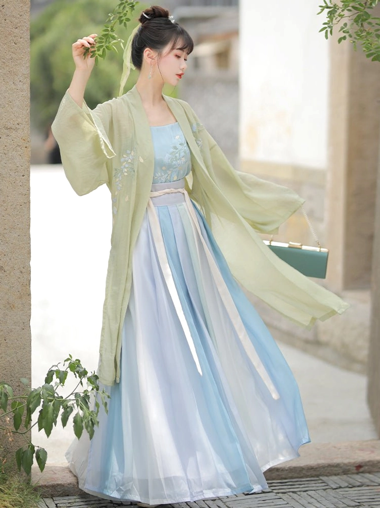 Song Dynasty inspired Hanfu outfit with green beizi white waist sash and blue ruqun skirt side profile