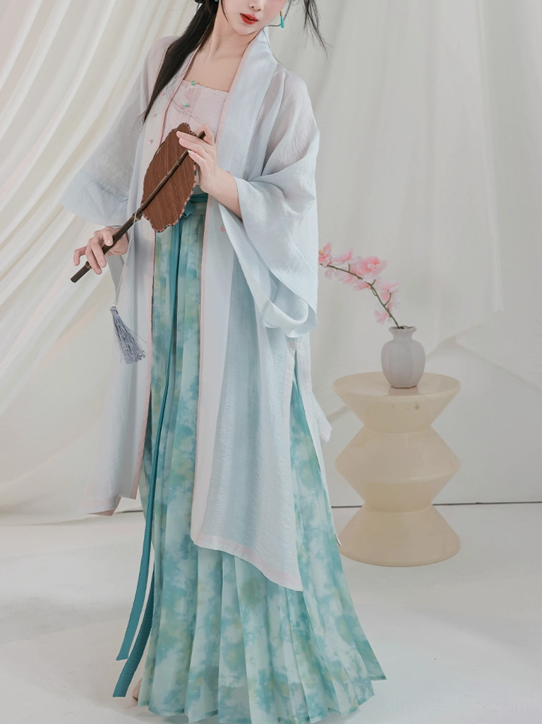 Song Dynasty modern hanfu full outfit front view featuring sheer cardigan pink camisole and watercolor cyan pleated wrap skirt