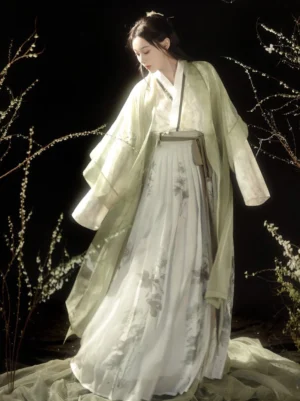 Three-quarter front view of a Song Dynasty modern Hanfu Beizi set with pale green sheer outer robe, ink floral pleated skirt, and plum blossom studio styling