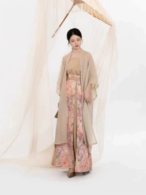 Song Dynasty modern Hanfu full set with light beige Changgan Temple beizi, camisole, and watercolor floral pleated wrap skirt front view