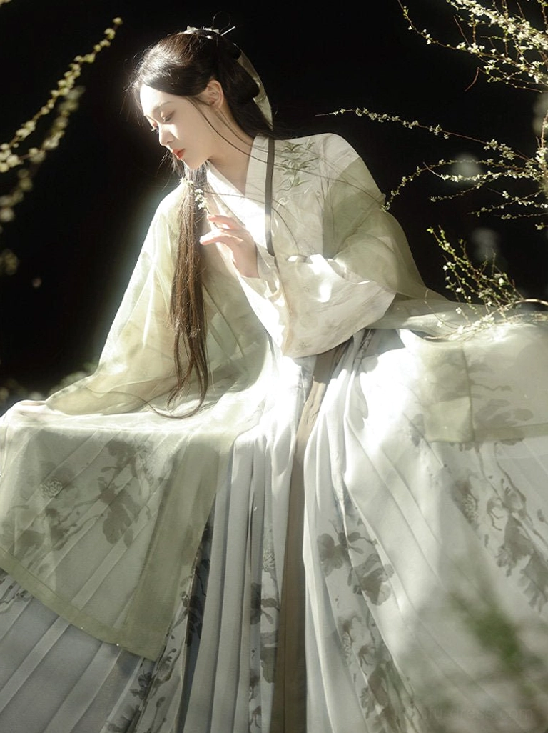 Low front side view of Song Dynasty modern Hanfu with cross-collar printed top, sheer outer robe, and matching ink floral pleated skirt