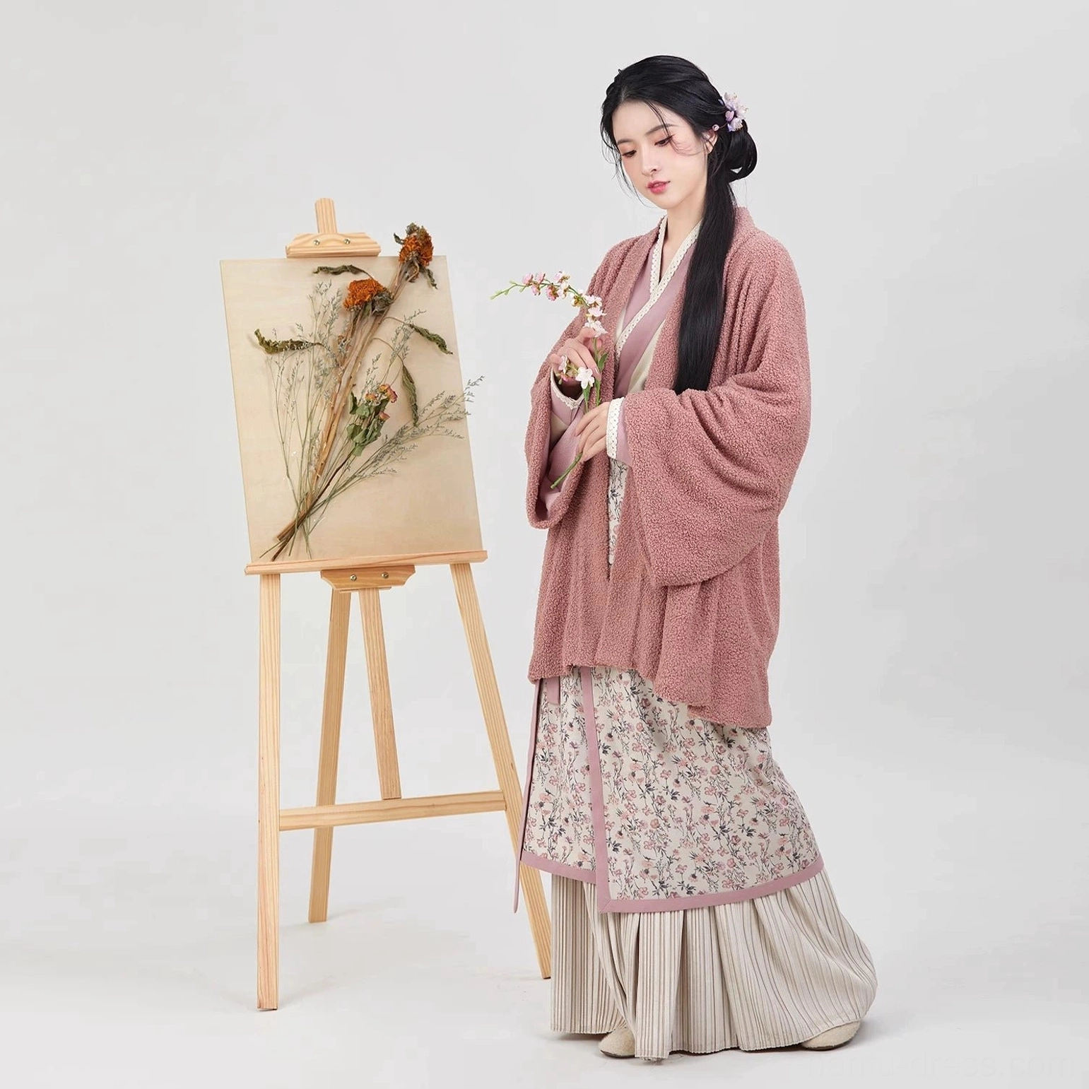 Song Dynasty modern Hanfu full set product detail in begonia pink with cross-collar top, outer jacket, and layered spiral skirt