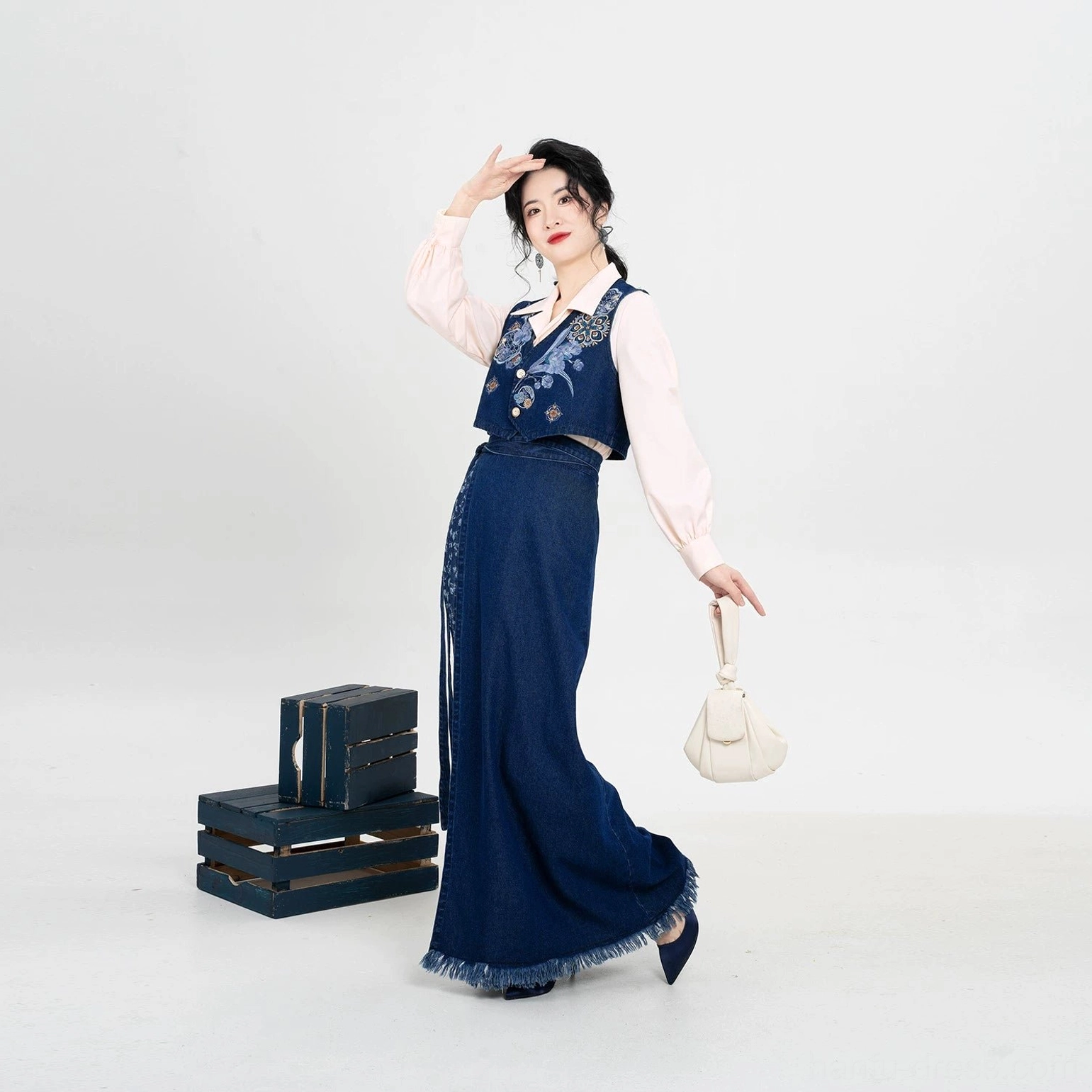 Full modern Song Dynasty Hanfu set with ivory blouse navy embroidered majia vest and floral-panel wrap skirt