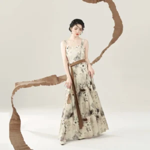Modern Song Dynasty hanfu ink printed slip dress with spaghetti straps, high waist, floor length skirt, Chinese landscape and calligraphy design