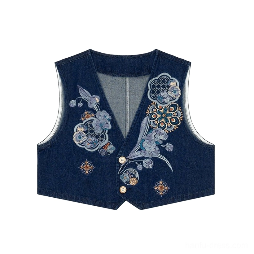 Navy embroidered majia vest with Chinese floral and cloud motifs for modern Song Dynasty Hanfu outfit flat lay
