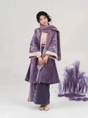Song Dynasty modern Hanfu outfit with purple embroidered jacket scarf folding fan and layered wrap skirt