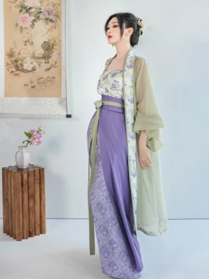 Side view of modern Song Dynasty Hanfu outfit with sheer sage green beizi floral camisole and purple wrap skirt