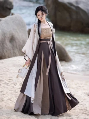 Front view of a complete Song Dynasty modern Hanfu set with botanical beizi jacket, textured camisole, flowing pleated wrap skirt, and earthy neutral color palette