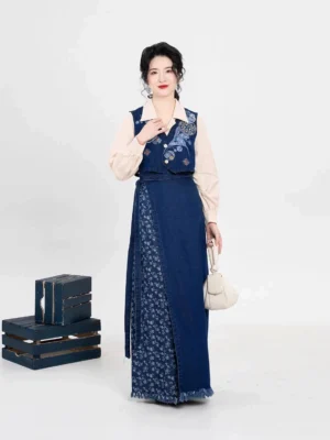 Modern Song Dynasty Hanfu three-piece set with ivory blouse embroidered navy majia vest and denim-style floral wrap skirt front view