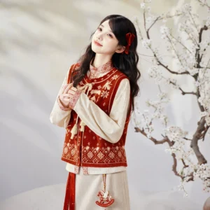 Model wearing a complete Song Dynasty modern Hanfu winter set with burgundy knitted bijia vest beige top and flowing two-tone wrap skirt