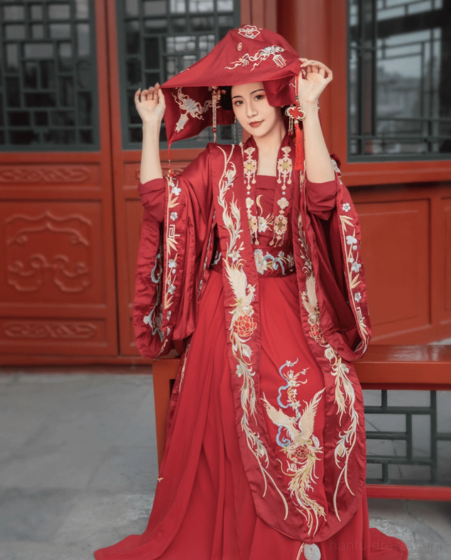 Crimson Song Dynasty phoenix bridal hanfu complete set with wide sleeve coat and red wedding head veil