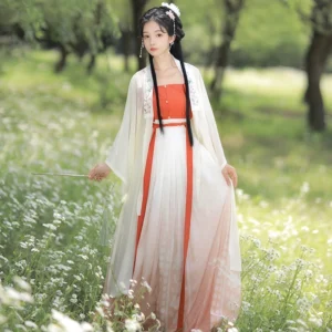 Song Dynasty qiyao ruqun hanfu complete set in beige and burnt orange, featuring sheer beizi coat, red camisole, gradient skirt and floral hairpins in a spring woodland