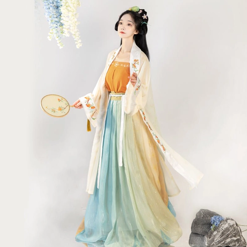 Song Dynasty qiyao ruqun hanfu outfit with beige outer robe and flowing blue to yellow gradient long skirt